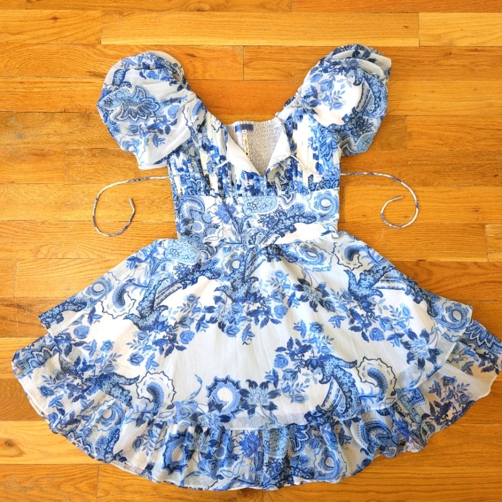 GUESS Blue Floral Dress Puff Sleeve  Size M - Picture 6 of 15